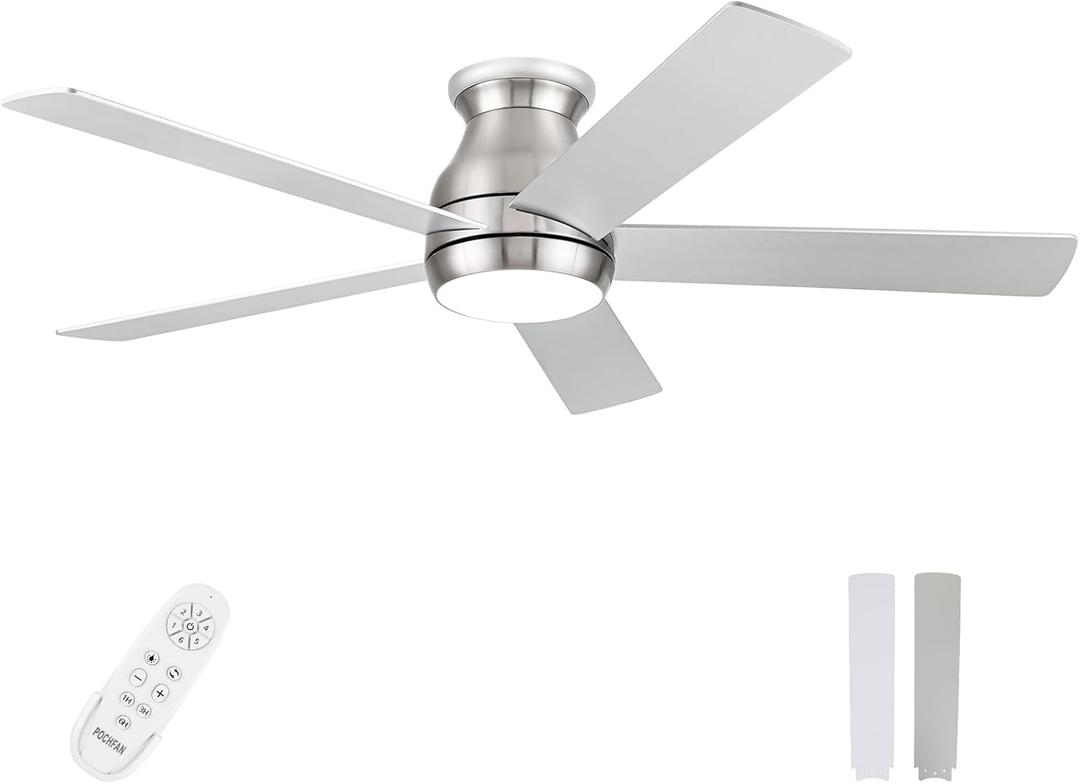 52 Inch Low Profile Ceiling Fans With Lights and Remote brushed nickel, Flush Mount Modern Ceiling Fan, 3CCT Dimmable DC Ceiling Fan for Bedroom, Living Room (Brushed Nickel, 52 Inch)