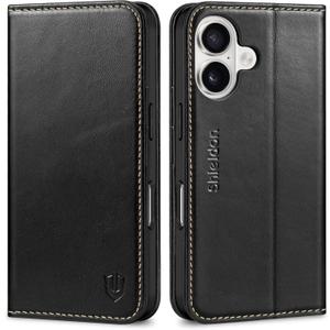 SHIELDON Genuine Leather Case Wallet for iPhone 17 6.3-inch 5G 2025 | Folio, Magnetic Closure, RFID Blocking 3 Card Slots, Kickstand, Book Design, Full Protective Cover - Retro Black
