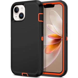 Apple iPhone 13 / iPhone 14 / iPhone 15 / iPhone 16e Case (6.1") Rugged Case Heavy Duty Shockproof Dust/Drop Proof 3 in 1 Full Body Cover (Orange, iPhone 13/iPhone 14/iPhone 15/iPhone 16e)