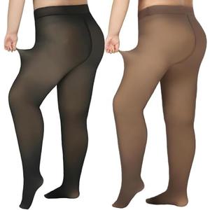 Delcast Plus Size Fleece Lined Tights Women - Fake Translucent Sheer Warm Thermal Pantyhose Leggings for Winter