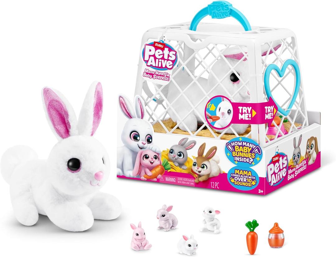 Pets Alive Mama Bunny & Baby Surprise by ZURU, Electronic Robotic Realistic Soft Bunny Plush Animal Surprise Toy for Kids