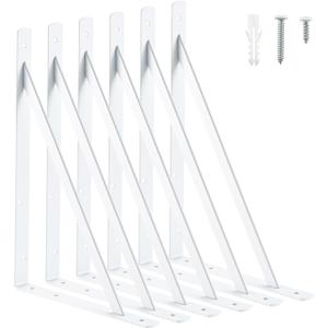 HOME MASTER HARDWARE 16x10 inch Heavy Duty Shelf Brackets, White Metal Wall Mounted Supports for Shelves, L Shaped Shelf Angle Bracket for Floating Shelves, 6 Pack