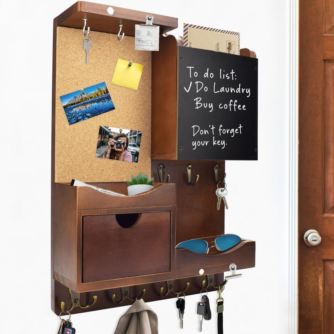 Key Holder Wall Mount Mail Organizer Key Holder for Wall with Shelf, Drawer, Chalkboard, Corkboard, Home Decor Wall Mounted for Room Entryway(Vintage Brown) (Vertical)