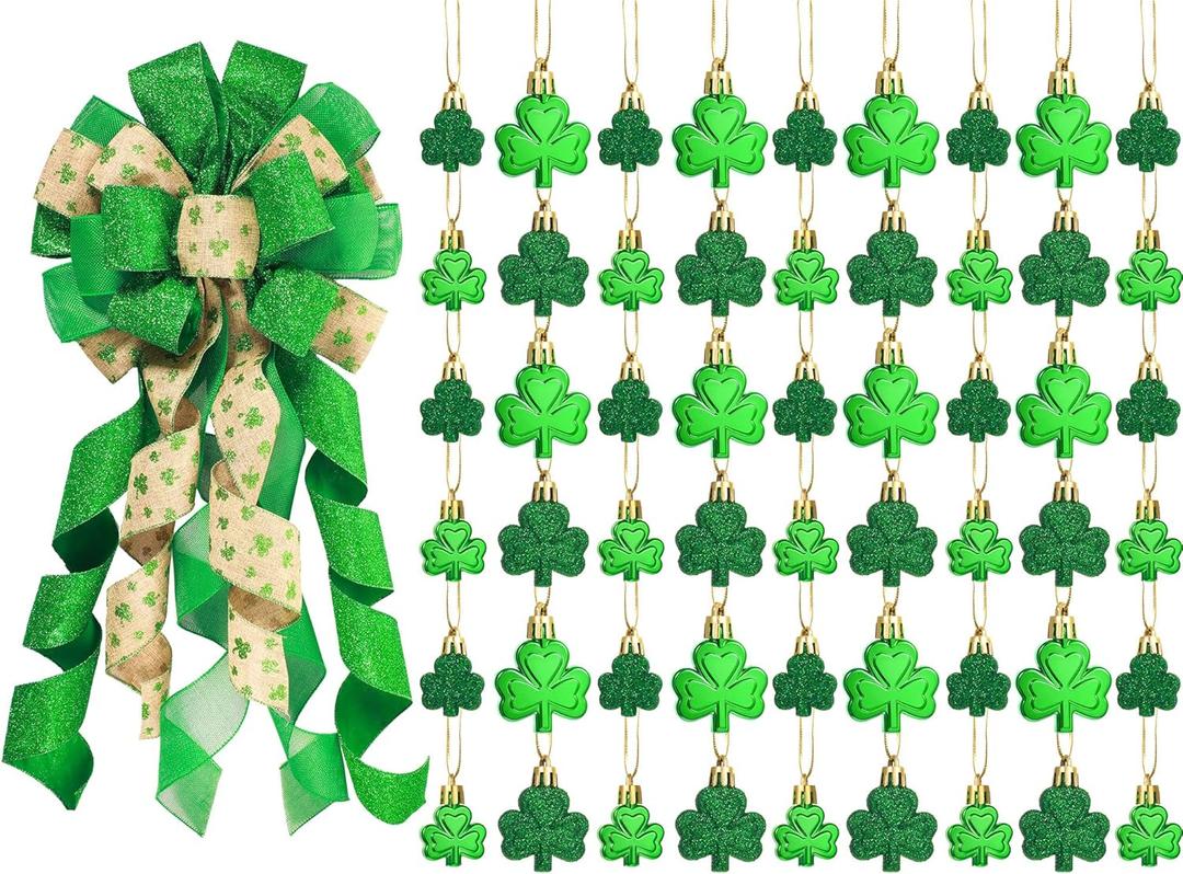 55 Pieces St. Patrick's Day Shamrock Ornaments Saint Patty's Day Lucky Green Hanging Bauble Door Ornaments Mini Shamrock Bow for Tree Topper for Home DIY Crafts Irish Holiday Party Decor