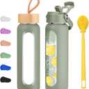 24 oz Glass Water Bottle with 2 Lids-Handle Straw Lid & Bamboo Lid,1 Liter Motivataional Tumbler Water Bottle Time Marker, Borosilicate Glass Water Bottles With Silicone Sleeve, Leakproof (Olive)