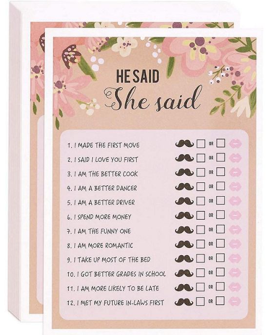 He Said She Said Guess Game, Vintage Floral Game Cards for Rustic Wedding, Bridal Shower, Bachelorette Party, Up to 50 Guests, Pack of 2