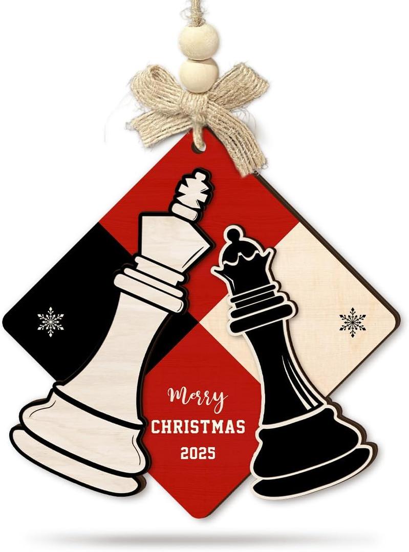 2 x Chess Christmas Ornament 2025 - King & Queen Merry Xmas Ornaments, 2 Layer Wood for Chess Lover, Coach, Player, Club, Friend - Tree Hanging Decoration for Kids, Adults