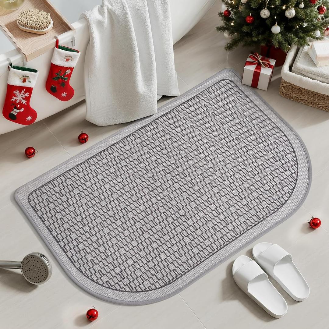 Ultra Thin Bathroom Rugs Mat Quick Dry Absorbent Non Slip Bath Mat Bath Mats for Bathtub Mat Bathroom Carpet Fit Under Door Washable Floor Rubber Half Round Bath Rugs Grey 16x24