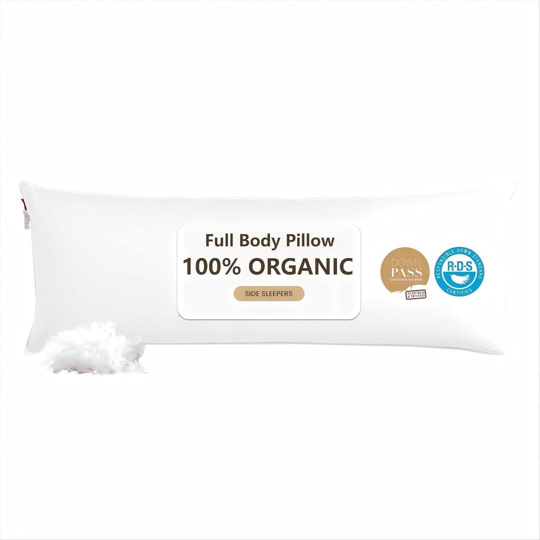 Goose Down Body Pillows for Adults, Large Body Pillow for Side Sleeper, Hugging Feather Body Pillow Insert, Cooling Full Length Long Pillow for Bed with 100% Organic Cotton Shell, (White 20"x72")