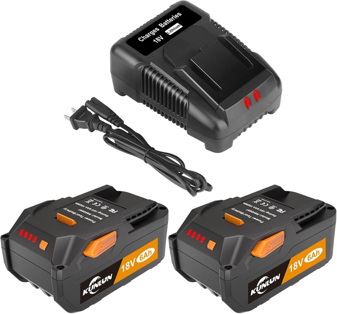 KUNLUN 2Pack 6Ah 18V Replacement Battery and Charger Combo Compatible for Ridgid 18V Battery for Ridgid Tools R840087 R840083 R840086 R840085 R840084 and Chargers R840091 R840093 R840095