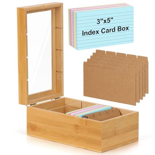 Bamboo Index Card Organizer - 3x5 Index Card Holder Box With Dividers - Wood Recipe Box With Lid - 4 Compartments For 1200 Cards - 5.9"W x 10"D x 4"H