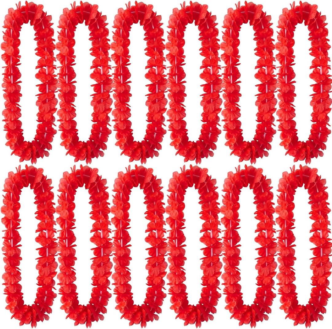 Suncalla 12 Pcs Hawaiian Leis Garland Ruffled Hula Aloha Flower Necklaces Luau Hen Stag Hawaiian Fancy Dress Decorations for Adults Beach Tropical Themed Birthday Summer Party Favors(Red)