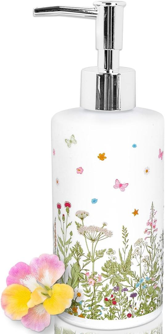 FYSUIMU Wildflower Soap Dispenser Vintage Wild Floral Glass Soap Dispenser with Pump Refillable Liquid Soap Container for Bathroom Kitchen Countertop Decor