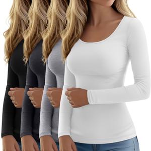 Ficerd 4 Pack Women's Long Sleeve T Shirts Scoop Neck Basic Tight Slim Fit Tops Casual Fashion Tee Shirts (Large, Black, Dark Gray, Light Gray, White)
