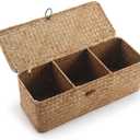 Seagrass Storage Basket with Lid Rectangular Small Woven Shelf Baskets with Sections for Organize Snack Toys Tampon (Natural 3 Sections)