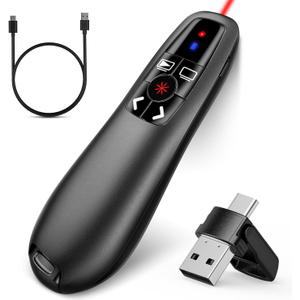 2-in-1 USB Type C Presentation Clicker, Clicker for PowerPoint Presentations, Rechargeable Wireless Presenter Remote, Pointer RF 2.4GHz USB PowerPoint Clicker Slide Advancer with Volume Control (A-Red Light)