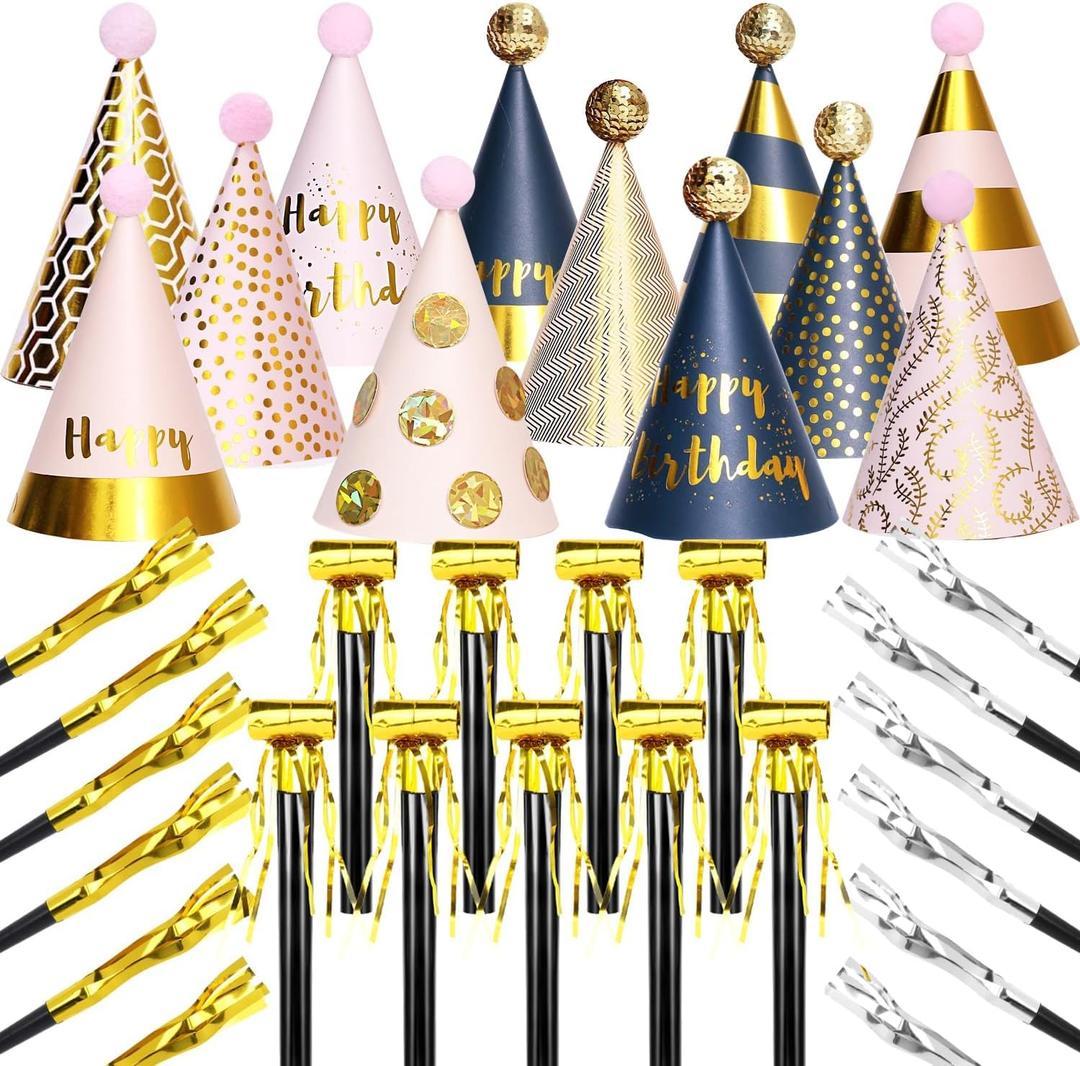 JOYEONDEF 30 Pcs Gold Birthday Party Hats Cone Hats Includes 8 Birthday Paper Hats and 22 Noise Makers