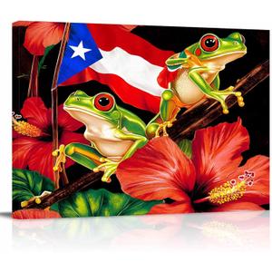 Frog Puerto Rico Flag Canvas Print Wall Art - Red Hibiscus Flower Tropical Plants - Wall Decor Modern Artwork Paintings Pictures for Living Room Stretched and Framed Ready to Hang - 16" x 24"