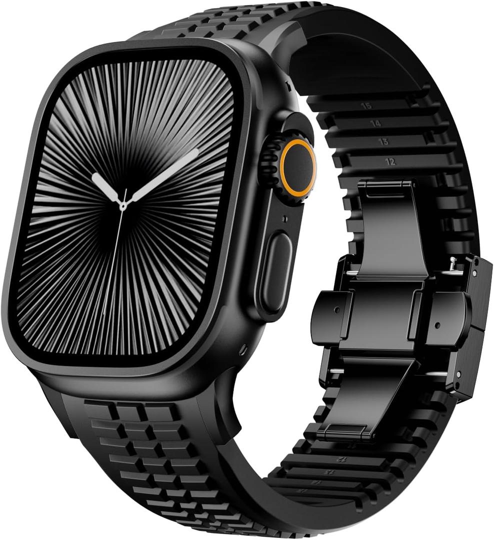 Silicone Band Compatible with Apple Watch Ultra 3/2/1 Band 49mm for Men, Rugged Heavy Duty Sport Band with Folding Buckle for iWatch Series 11/10 46mm, 9/8/7 45mm, 6/5/4 44mm, 3/2/1 42mm