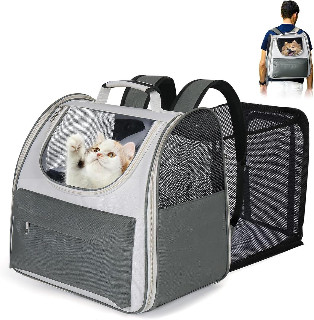 Large Cat Backpack Carrier, Expandable Roomy Pet Carrier Backpack for Medium Cat/Small Dog Puppy Under 18lbs, Breathable Foldable Dog Backpack Travel Airline Approved for Camping Outdoor, Gray