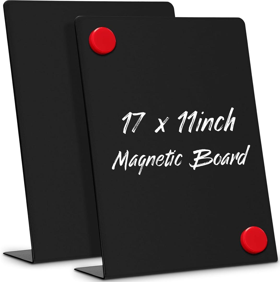 Fainne 2 Pcs Magnetic Bulletin Board with Easel Stand Mini Magnet Metal Tabletop Memo Display Board for Back to School Menu Table Office Supplies (Black,17 x 11 Inches)