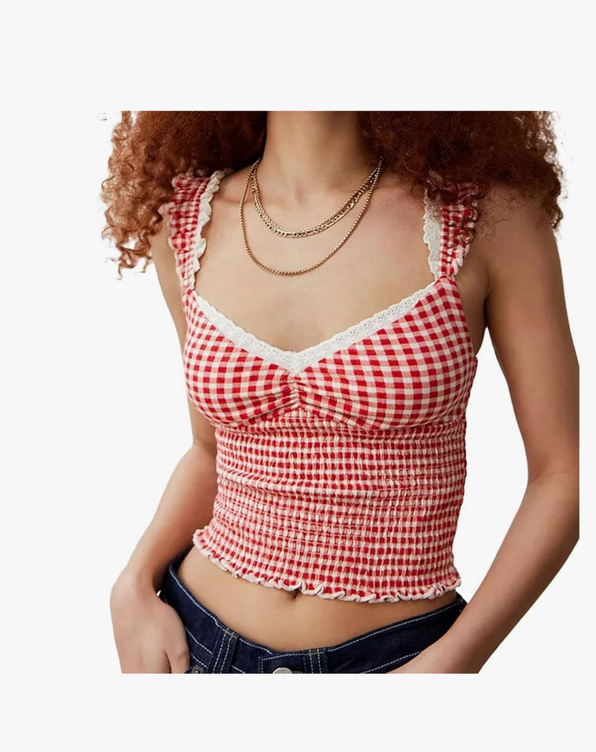 Women Y2k Gingham Tank Top Sleeveless Smocked Tank Tops Plaid Camisole Ruffle Hem Peplum Tops Summer Streetwear, Medium