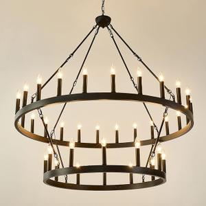 HHR 2 Tier Wagon Wheel Chandelier 36-Light 48 Inch, Extra Large Black Round Rustic Candle Farmhouse Pendant Light Fixture for High Ceilings, Dining Room Living Room Kitchen Island Foyer Entryway