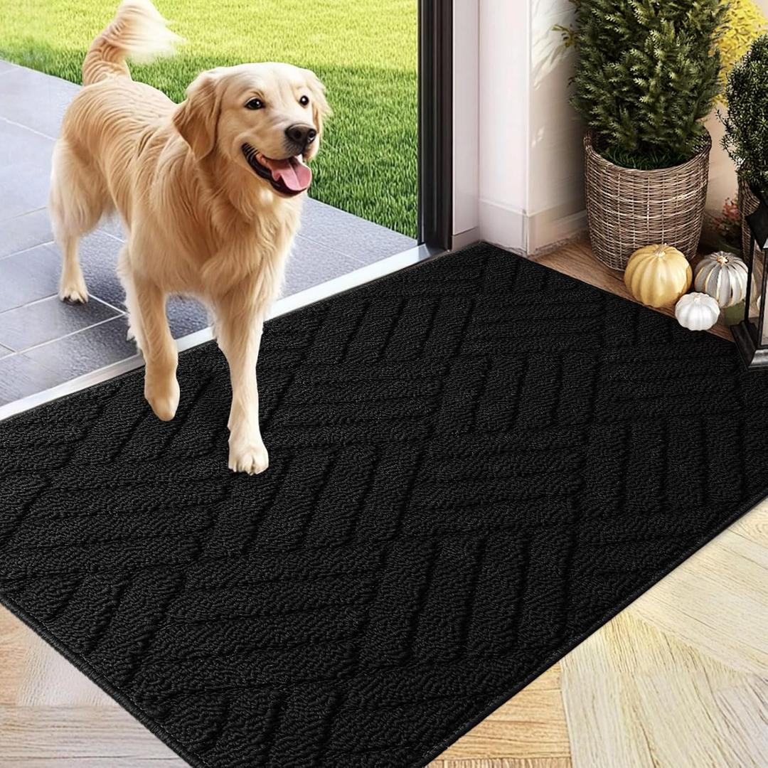 2 x PLEASOR Door Mat for Front Door Entrance, Dirt Trapper Washable Welcome Mat Outdoor Indoor, Non-Slip Waterproof Doormat for Outside/Inside Use, Low Profile Entryway Rug, 20"x32", Black (2'8" x 1'8" (Rectangular))