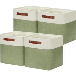DULLEMELO Storage Basket, Linen Closet Organizers and Storage Baskets for Home Office, Suitable as Dog Toy Box, Baby Gift Basket, 4 Pieces 12x12 Decorative Cube Storage Bins(4 Pack - 12" White/Green)