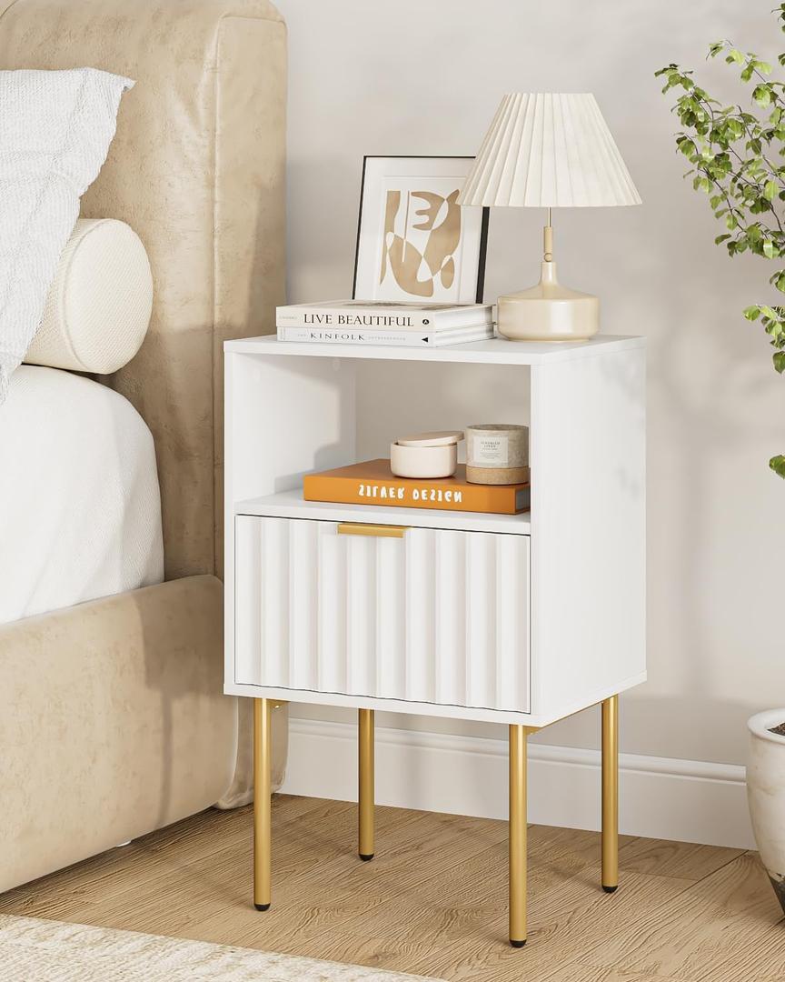 Nightstand,Modern Bedside Table with Gold Frame,White Night Stand,Bedside Furniture, Modern Side Table with Drawer and Shelf for Bedroom,Living Room (White)