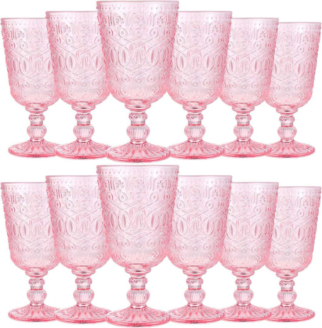 Eaasty Glasses Set of 12 Vintage Goblet 9 oz Vintage Colored Glass Goblet Beverage Stemmed Glass Cups Romantic Embossed Glassware for Wedding Party Holidays Anniversary (Pink)
