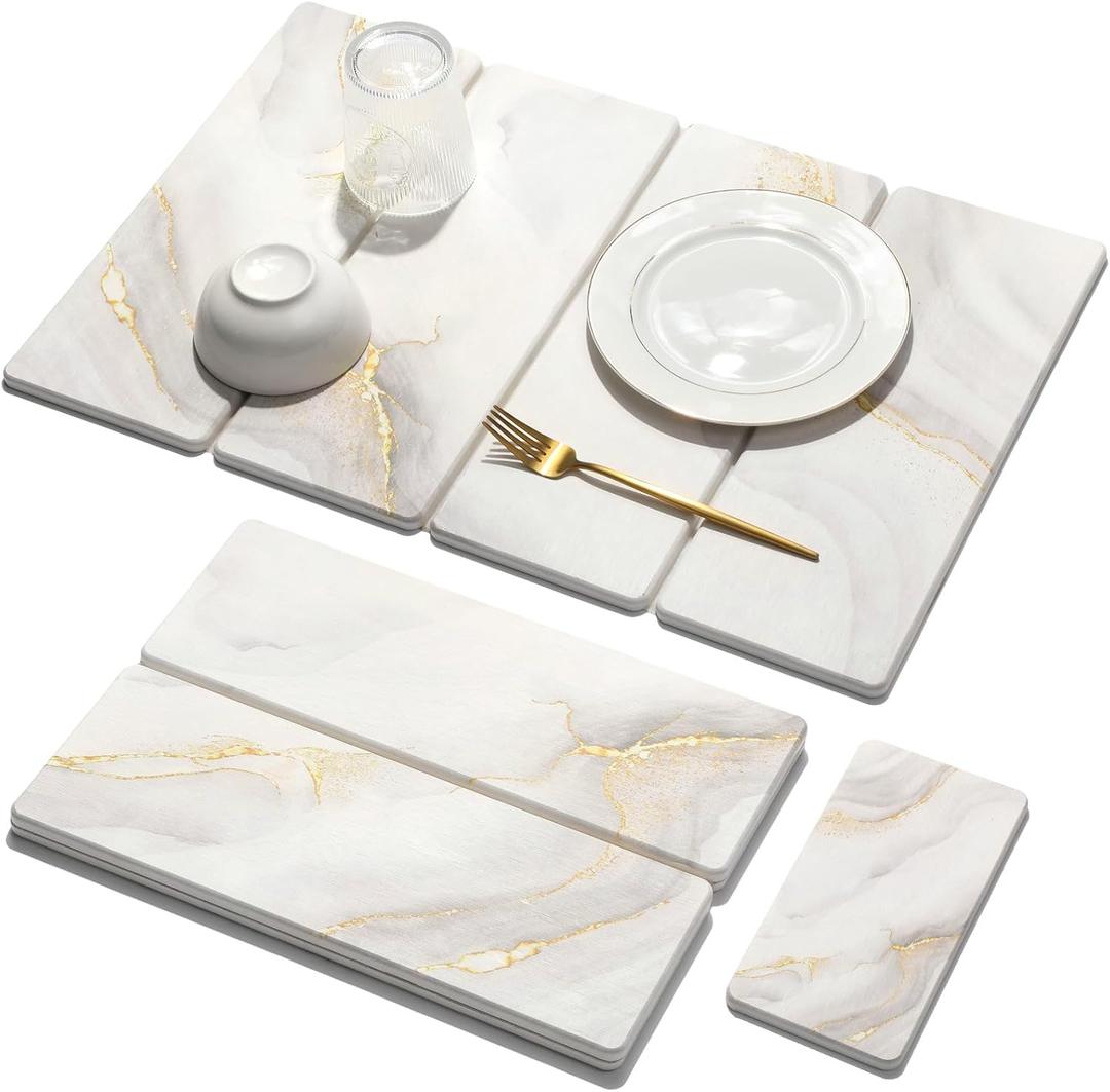 Large Stone Dish Drying Mat for Kitchen Counter, 2 PCS Quick Dry Stone Mats, Foldable Water Absorbing Diatomaceous Earth Drying Dishes Pad for Countertop Bottle Utensil Cup(Yellow White 24"x16"&8"x4")