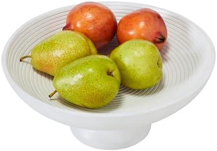 VHC Brands Ribbed White Wooden Fruit Bowl 5.5x12x12, Kitchen Decor, Decorative Wooden Pedestal Bowl, Perfect Centerpiece for Table, Island, or Counter