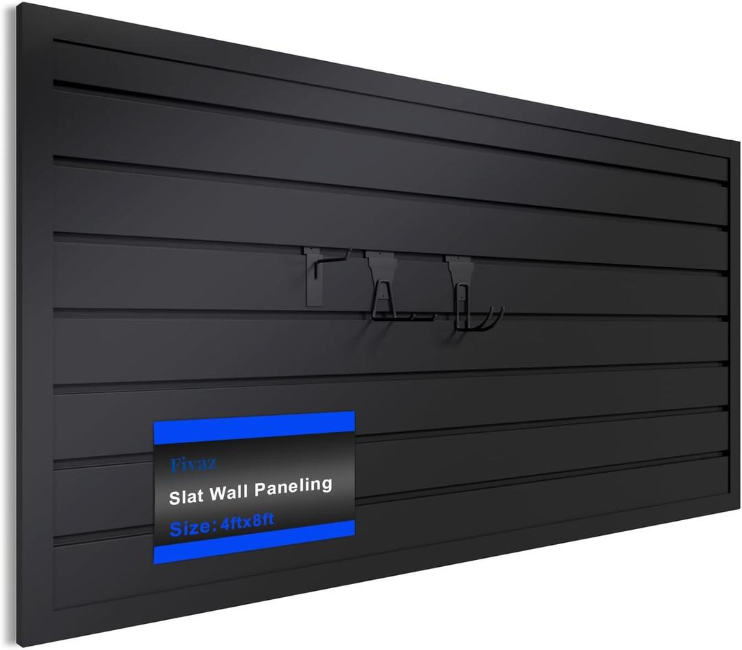 PVC Slatwall Panels, 4 ft x 8 ft Garage Wall Storage Systems, Black | Heavy-duty PVC slat wall panels, cuttable, moisture resistant, flame retardant, for garage and workshop storage systems