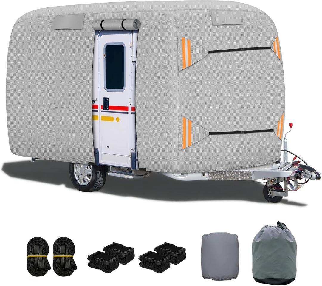 Fiberglass Travel Trailer Cover, Heavy Duty Ripstop Fiberglass Trailer RV Cover, Upgraded Durable Waterproof Anti-UV Windproof All Season Protection for RV(8-10ft)