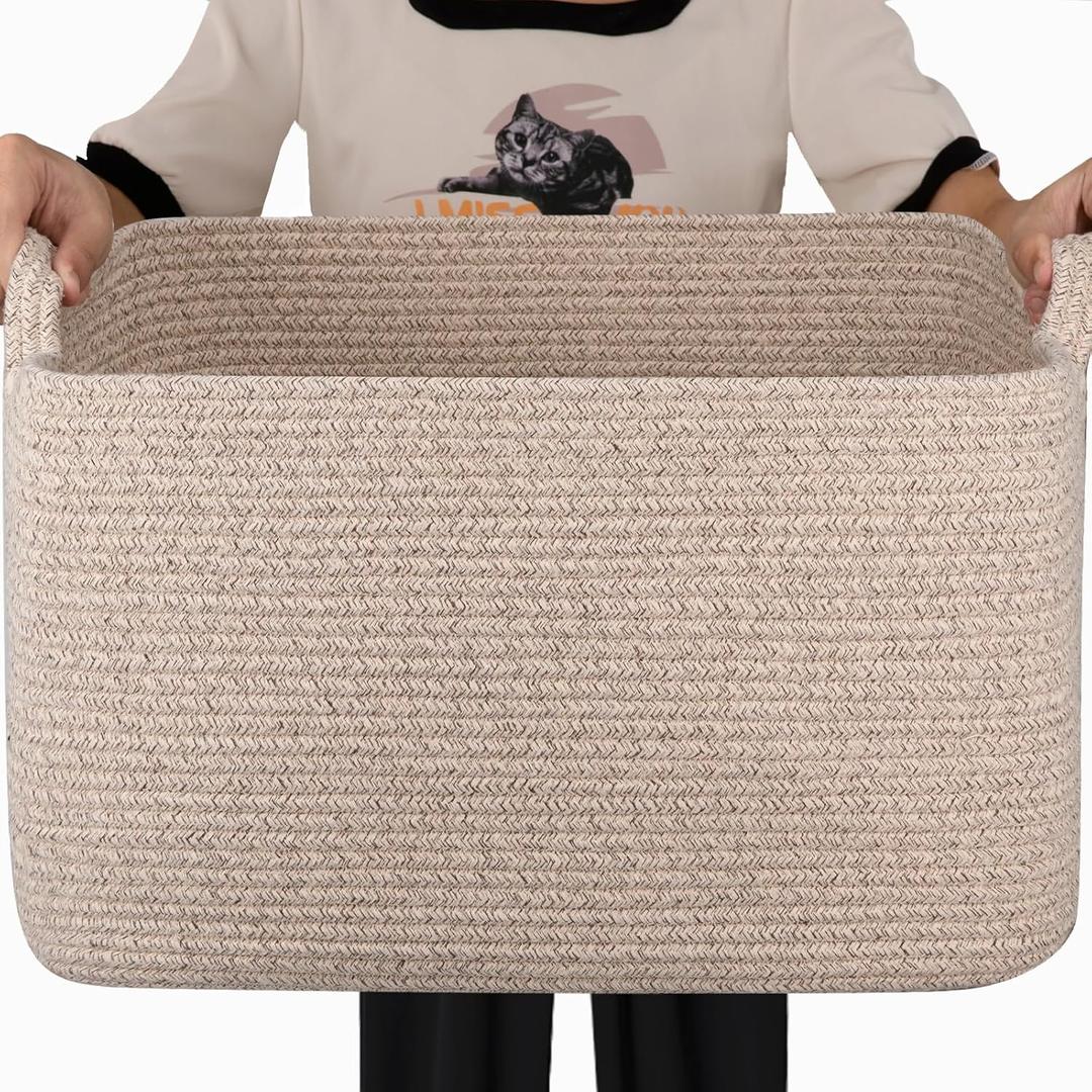 65L Large Storage Basket, Cotton Rope Woven Blanket Basket, Toy Storage for Baby Room, Living Room, Brown (19.7"x15.7"x11.8")
