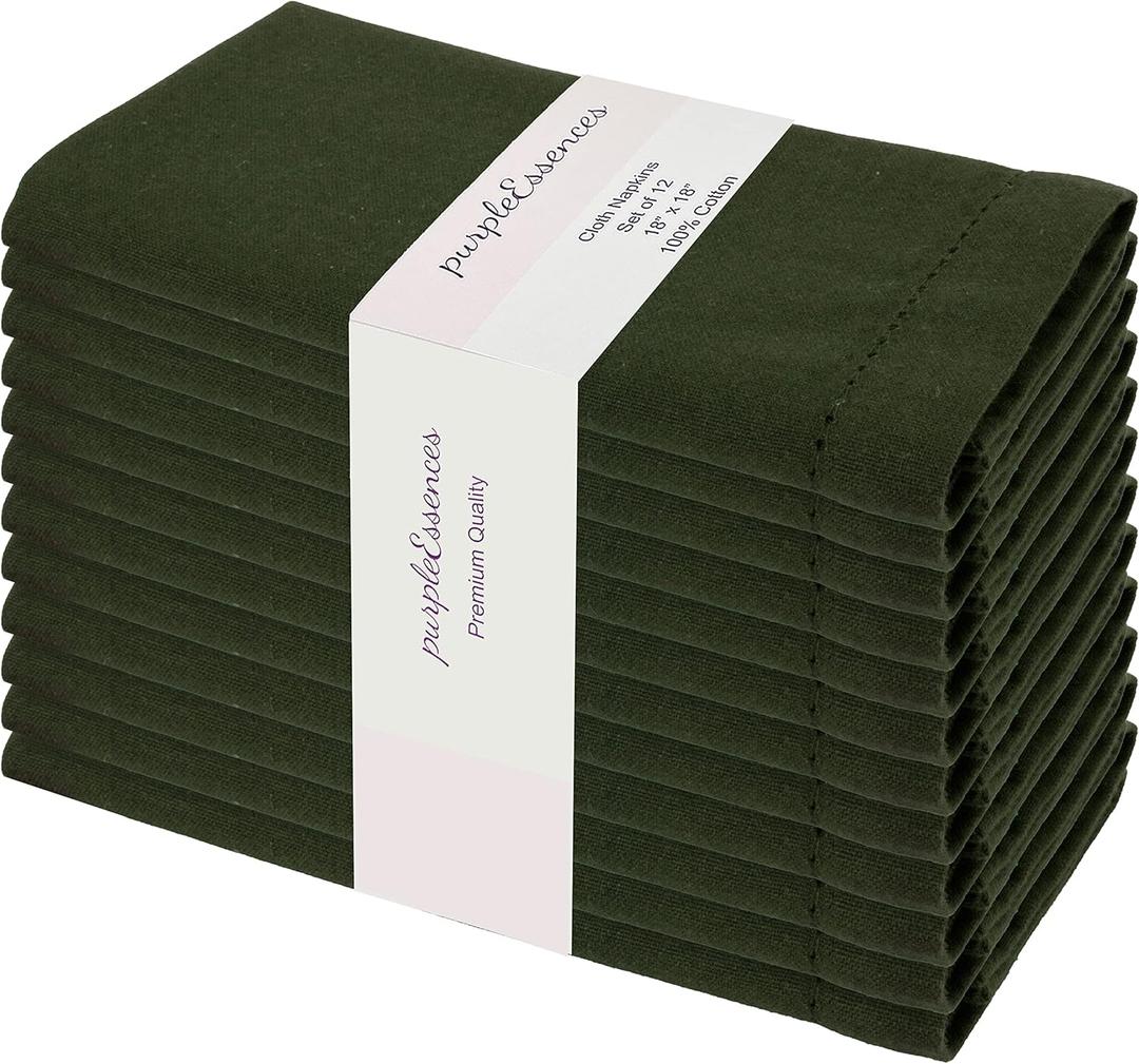 PurpleEssences Set of 12 Hemstitch Cloth Dinner Napkins 100% Cotton - Soft Durable Washable - Ideal for Wedding Spring Easter Summer - Perfect Everyday Use Table Linen 18x18 - Olive Green