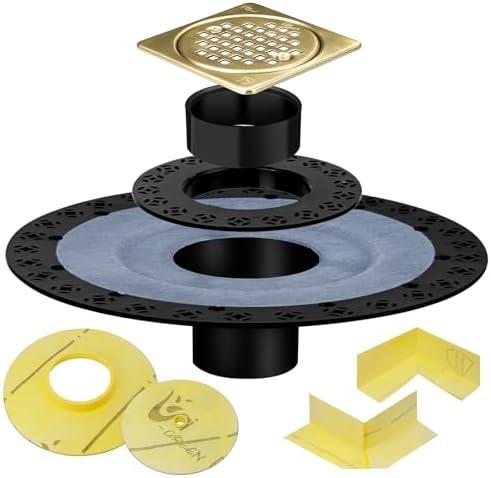 Shower Drain Flange Kit Shower Drain, with Vertical ABS 2 Inch Flange, ABS Plastic Pipe, Corners and Seals, CUPC Certification, Gold