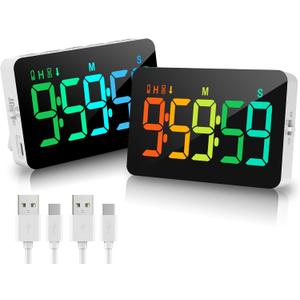 (2 Packs) Rechargeable TimersDigital Kitchen Timer with 10 Dynamic RGB Color, Magnetic Classroom Timer with Countdown/up with 5LED Display 3 Brightness 4 Volume Adjustable