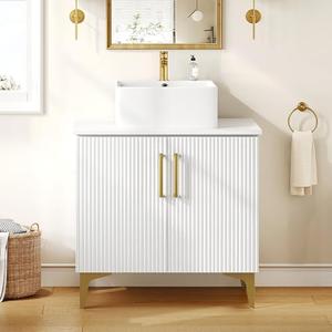 YITAHOME 30 Inch Bathroom Vanity with Vacuum Forming, Freestanding Storage Cabinet Vanity with Engineered White Stone Countertop, 2 Large Soft Closing Doors with Shelf, Gold Handles & Legs, White
