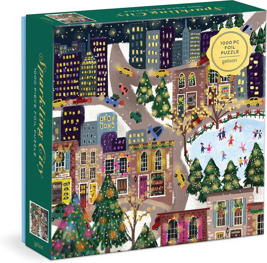 Galison Sparkling City  1000 Piece Foil Puzzle with Illustrations of Colorful Merriments in The City with Gold Foil Accents