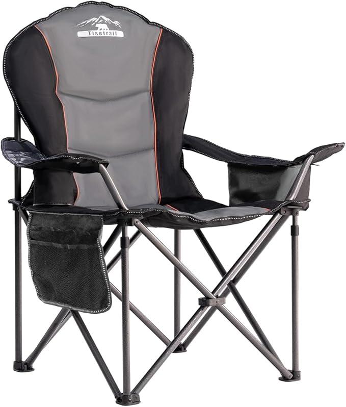 Oversized Folding Camping Chair with Cooler & Cup Holder, Heavy Duty 500LBS Capacity, Padded Armrests, Steel Frame, Collapsible Black & Gray