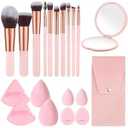 20PCS Makeup Brushes Set,10 Pcs Travel Makeup Brush with Mirror, Storage Bag and 8PCS Makeup Sponges for Home, Travel, Party (Pink)