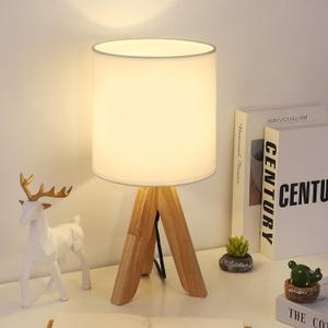 Small Table Lamp, Cute Kids Desk Lamp with Fabric Shade Wood Tripod Base Nightstand Lamp for Kids, Office, Study Room, Bedroom, Dorm, Coffee Table (White)