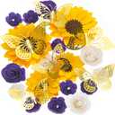 Nezyo 30 Pack Flower and Butterfly DIY Decorations Set 18 Pcs Flower Heads 12 Pcs 3D Butterfly Flat Back Roses Yellow Sunflower Heads for Grad Hats Wedding Baby Shower Home Decor(Yellow, Purple)
