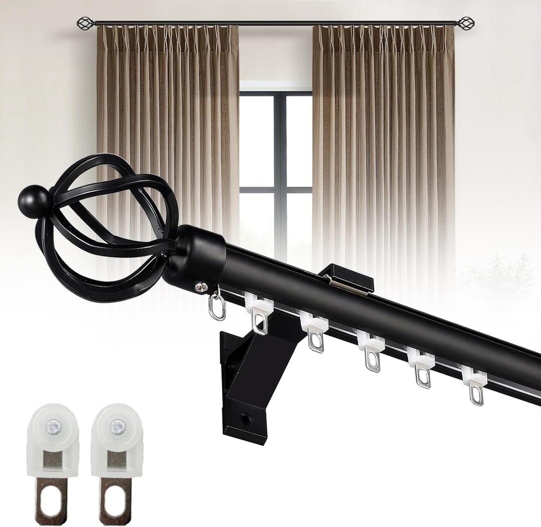 Curtain Track Wall Mounted, Curtain Rail Track System Roman Rod for Curtain, Aluminum Heavy-Duty Silent Curtains Rails Sliding Curtain Tracks for Room Divider Living Room Bedroom (Black, 7.5FT)