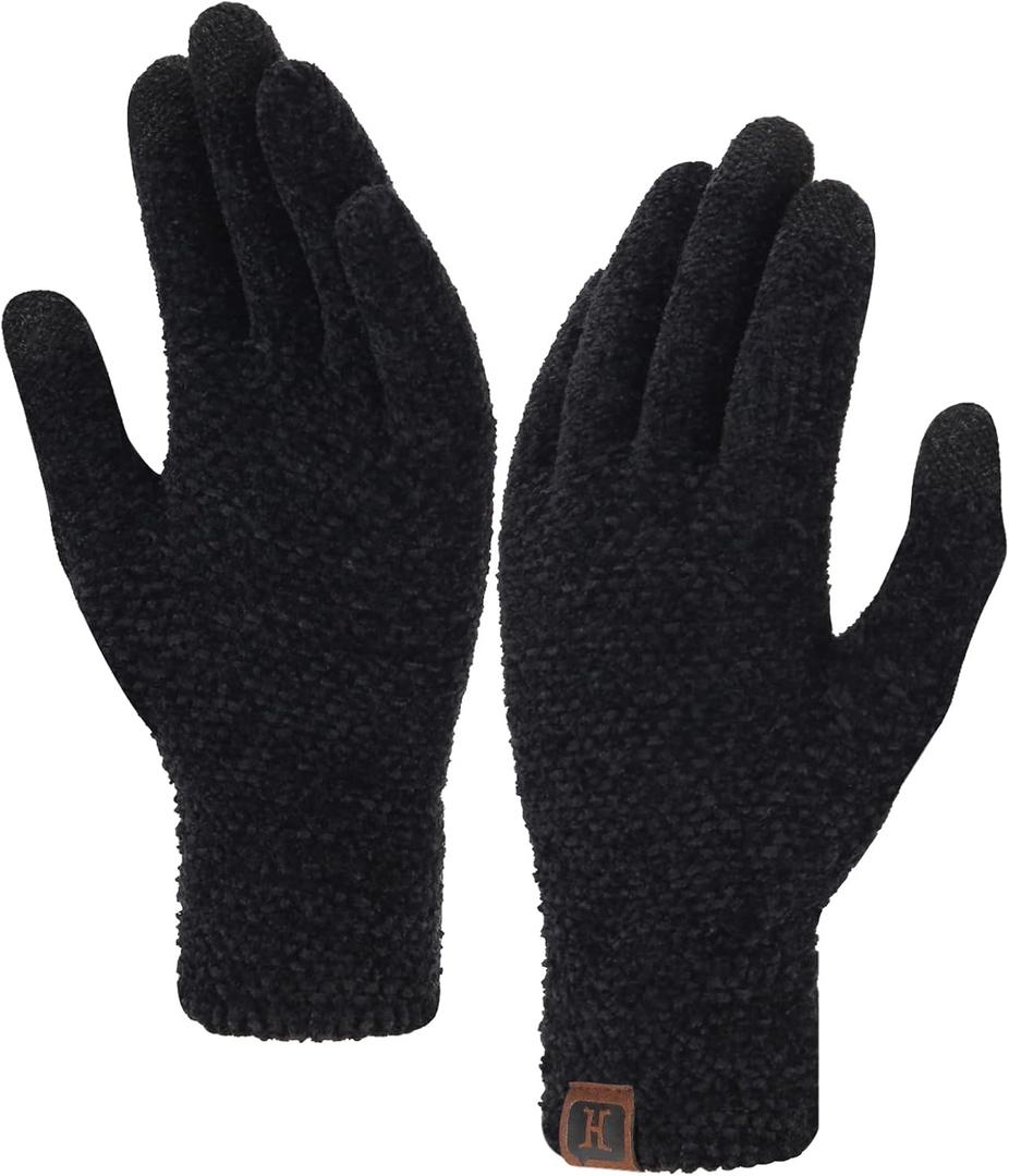FZ FANTASTIC ZONE Womens Winter Touchscreen Gloves for Cold Weather, Chenille Warm Knit Gloves (Black)