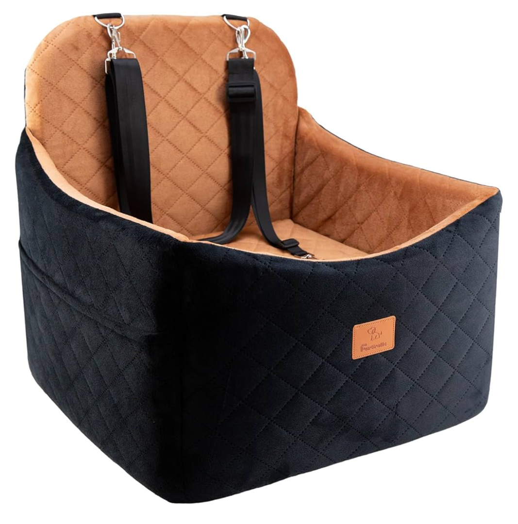 Dog Car Seats for Small/Medium Dogs, FurFrolic Memory Foam Dog Booster Seat for Small Dogs up to 35 lbs, Travel Pet Car Seat with Washable Detachable Cover, Storage Pockets, 2 Safety Belt, Black Brown
