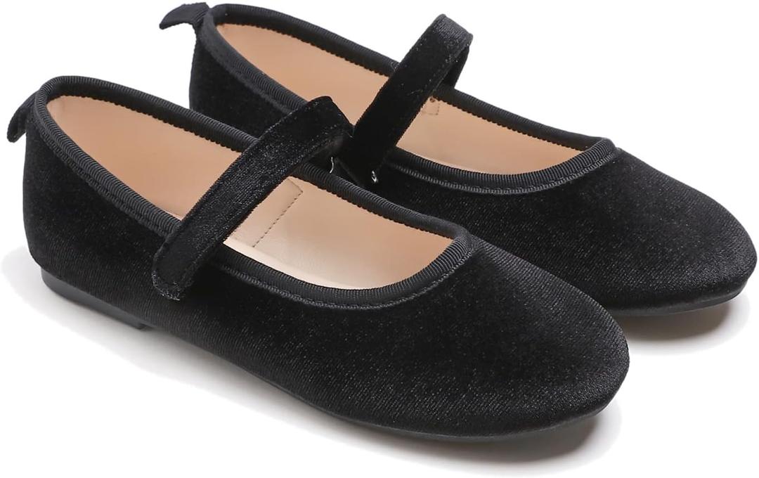 FEVERSOLE Girls Cute Dress Mary Jane Shoes Soft Party Holiday Ballet Flats (13.5 Little Kid, Black Velvet Loop Maryjane)