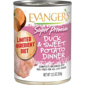 Evanger's Super Duck & Sweet Potato Dinner  12 Count, 12.5 oz Each  Limited Ingredient Wet Dog Food  Grain & Gluten Free Recipe  Easy to Digest for Sensitive Stomachs, Best By Jan, 2029